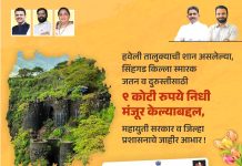 हवेलीचे वैभव असलेल्या किल्ले सिंहगड स्मारक जतन व दुरुस्तीसाठी शासनाकडून ९ कोटींचा निधी मंजूर.